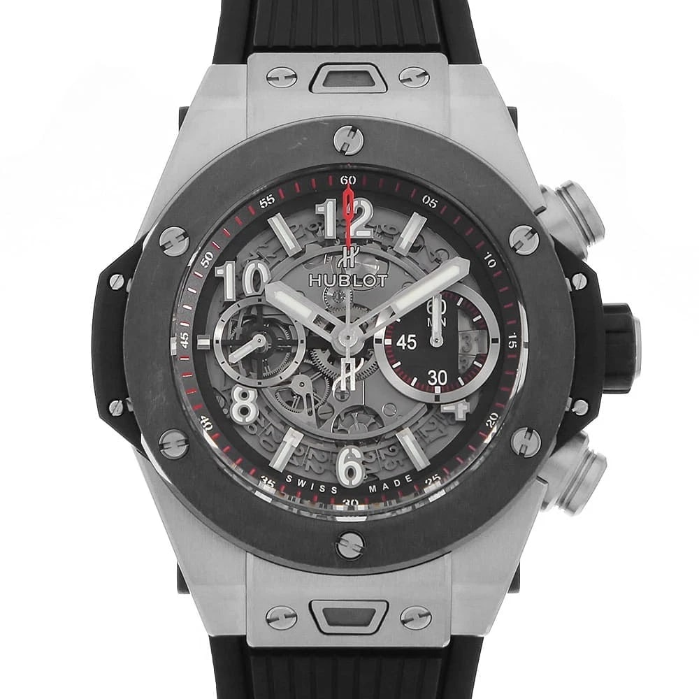 HUBLOT BIG BANG UNICO TITANIUM CERAMIC WATCH: HUBLOT Big Bang Unico Titanium Ceramic Watch Brand: HUBLOT Type/Style: Wrist watch Material: Band Material rubber, Case Material Titanium Color: Dial Color Skeleton Size: Case:W45mm Accessories: None