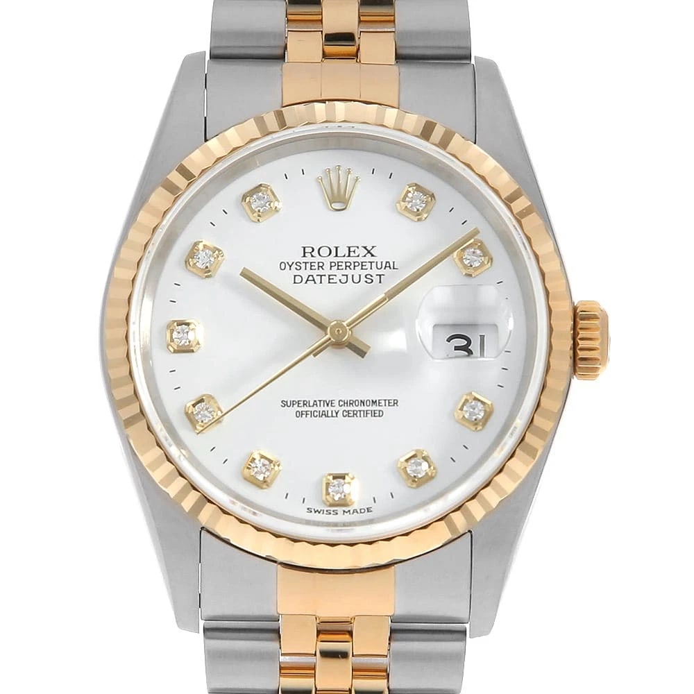 ROLEX DATEJUST DIAMOND WHITE WATCH: ROLEX Datejust Diamond white Watch Brand: ROLEX Type/Style: Wrist watch Material: Band Material Stainless Steel/Yellow Gold, Case Material Stainless Steel/Yellow Gold Color: Dial Color White Size: