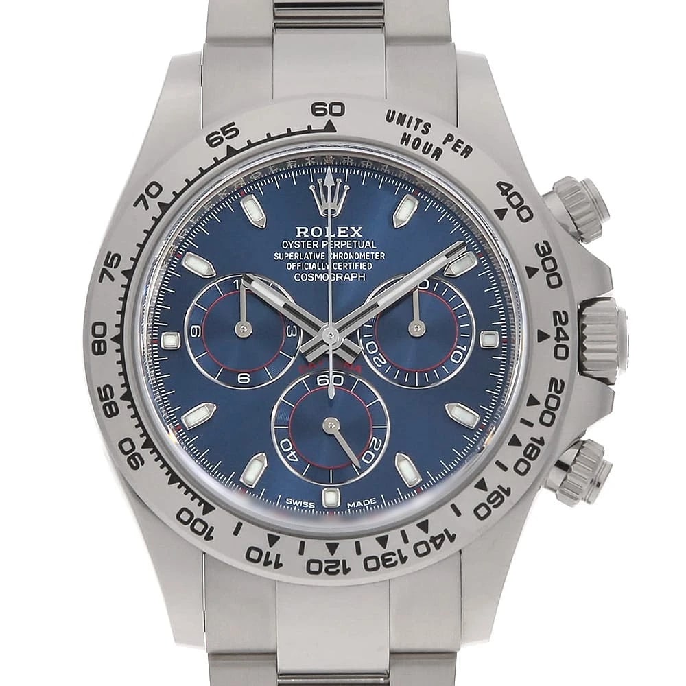 ROLEX COSMOGRAPH DAYTONA BLUE WATCH: ROLEX Cosmograph Daytona blue Watch Brand: ROLEX Type/Style: Wrist watch Material: Band Material White Gold, Case Material White Gold Color: Dial Color Blue Size: Case:W40mm Circumference of