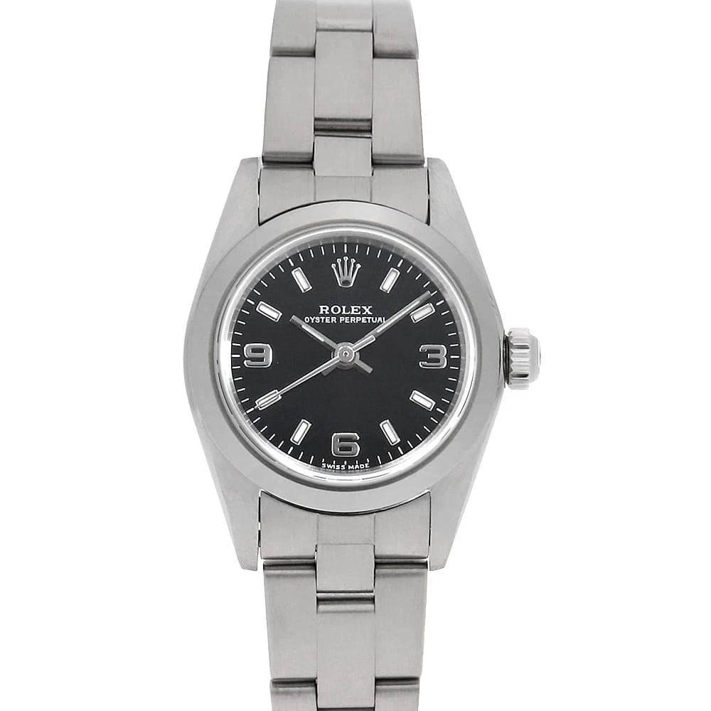 ROLEX OYSTER PERPETUAL BLACK WHITE BAR WATCH: ROLEX Oyster perpetual black white bar Watch Brand: ROLEX Type/Style: Wrist watch Material: Band Material Stainless Steel, Case Material Stainless Steel Color: Dial Color Black Size: Case:W23.5mm Circ