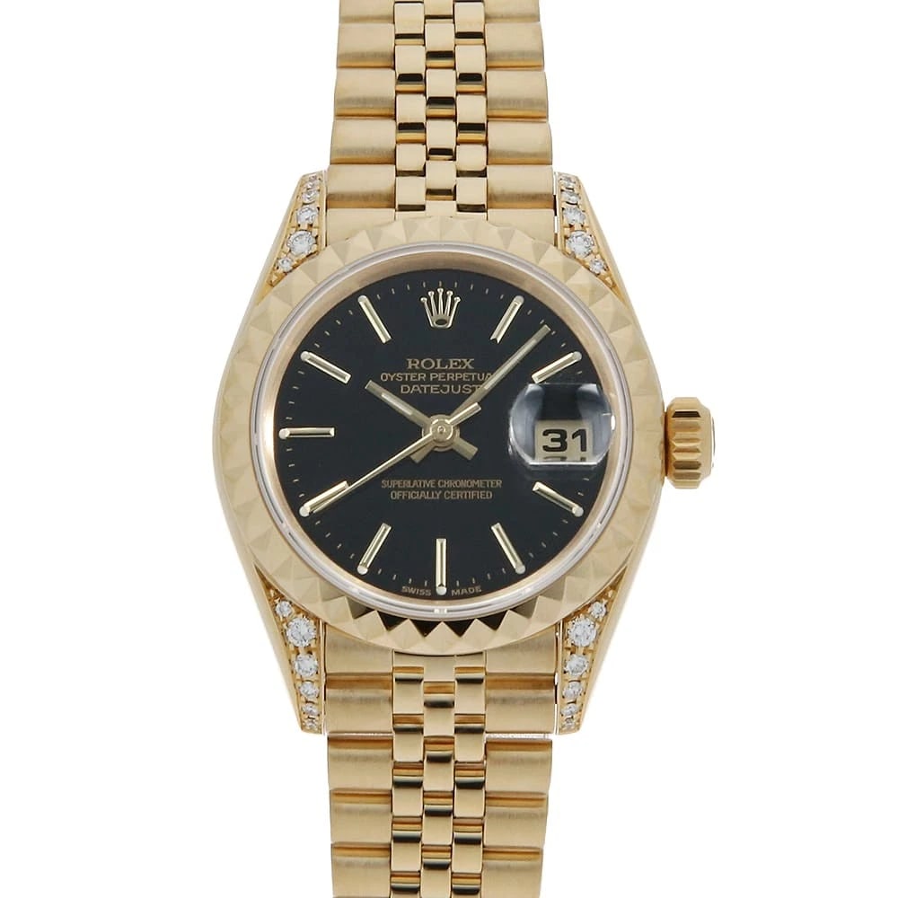 ROLEX DATEJUST DIAMOND BLACK WATCH: ROLEX Datejust diamond black Watch Brand: ROLEX Type/Style: Wrist watch Material: Band Material Yellow Gold, Case Material Yellow Gold Color: Dial Color Black Size: Case:W26mm Circumference of Wrist:1