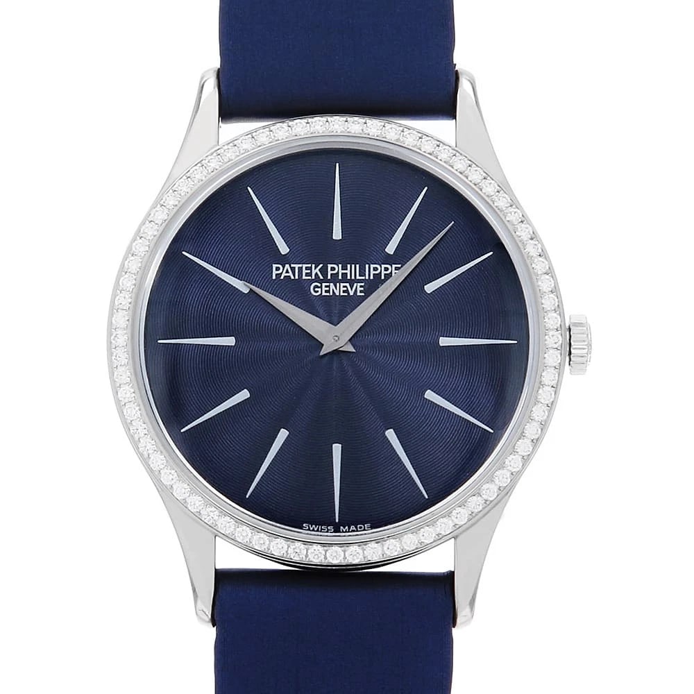 PATEK PHILIPPE BEZEL DIAMOND WATCH: PATEK PHILIPPE Bezel Diamond Watch Brand: PATEK PHILIPPE Type/Style: Wrist watch Material: Band Material Satin, Case Material White Gold Color: Dial Color Blue Size: Case:W33mm Accessories: None