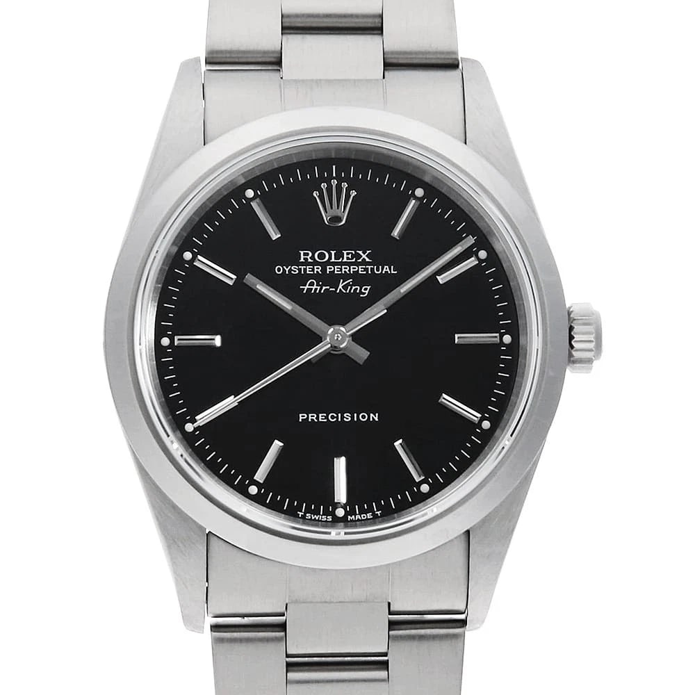 ROLEX AIR KING BLACK WATCH: ROLEX Air king black Watch Brand: ROLEX Type/Style: Wrist watch Material: Band Material Stainless Steel, Case Material Stainless Steel Color: Dial Color Black Size: Case:W34mm Circumference of Wrist:1