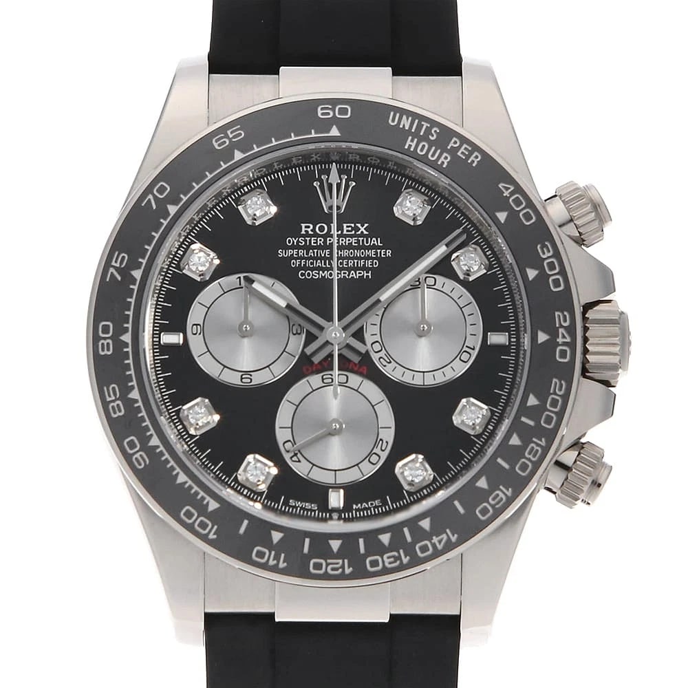 ROLEX COSMOGRAPH DAYTONA DIAMOND BLACK X STEEL WATCH: ROLEX Cosmograph Daytona diamond black x Steel Watch Brand: ROLEX Type/Style: Wrist watch Material: Band Material rubber, Case Material White Gold Color: Dial Color Black Size: Case:W40mm Circumferenc
