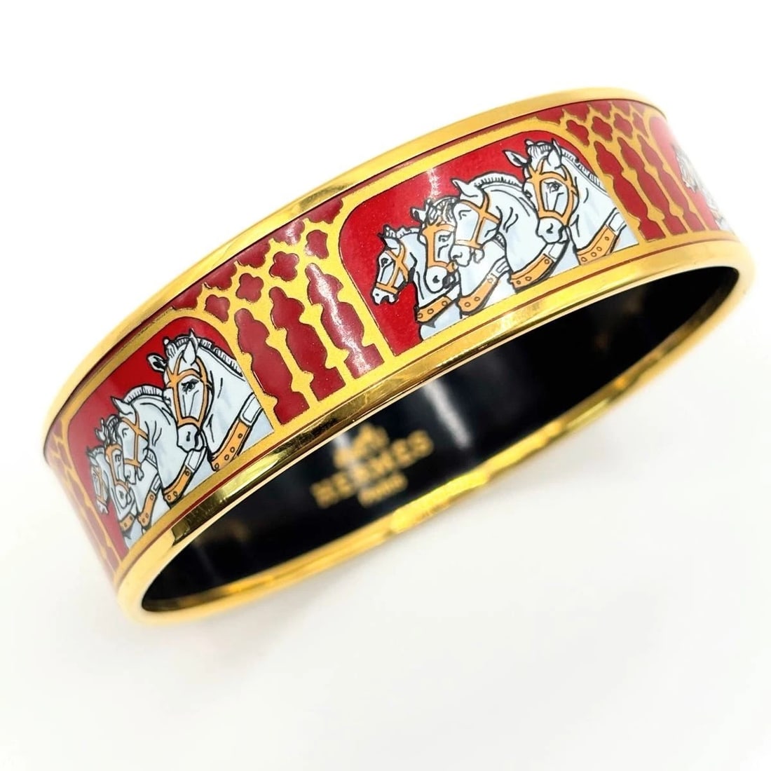 HERMES ENAMEL HORSE BANGLE GM CLOISONNE BRACELET: Hermes Enamel Horse Bangle GM Cloisonne Bracelet Brand: Hermes Type/Style: Bracelet Material: Enamel Metal Color: Red,Gold Size: Wrist circumference approximately 8.9 inches, Bangle width approximatel