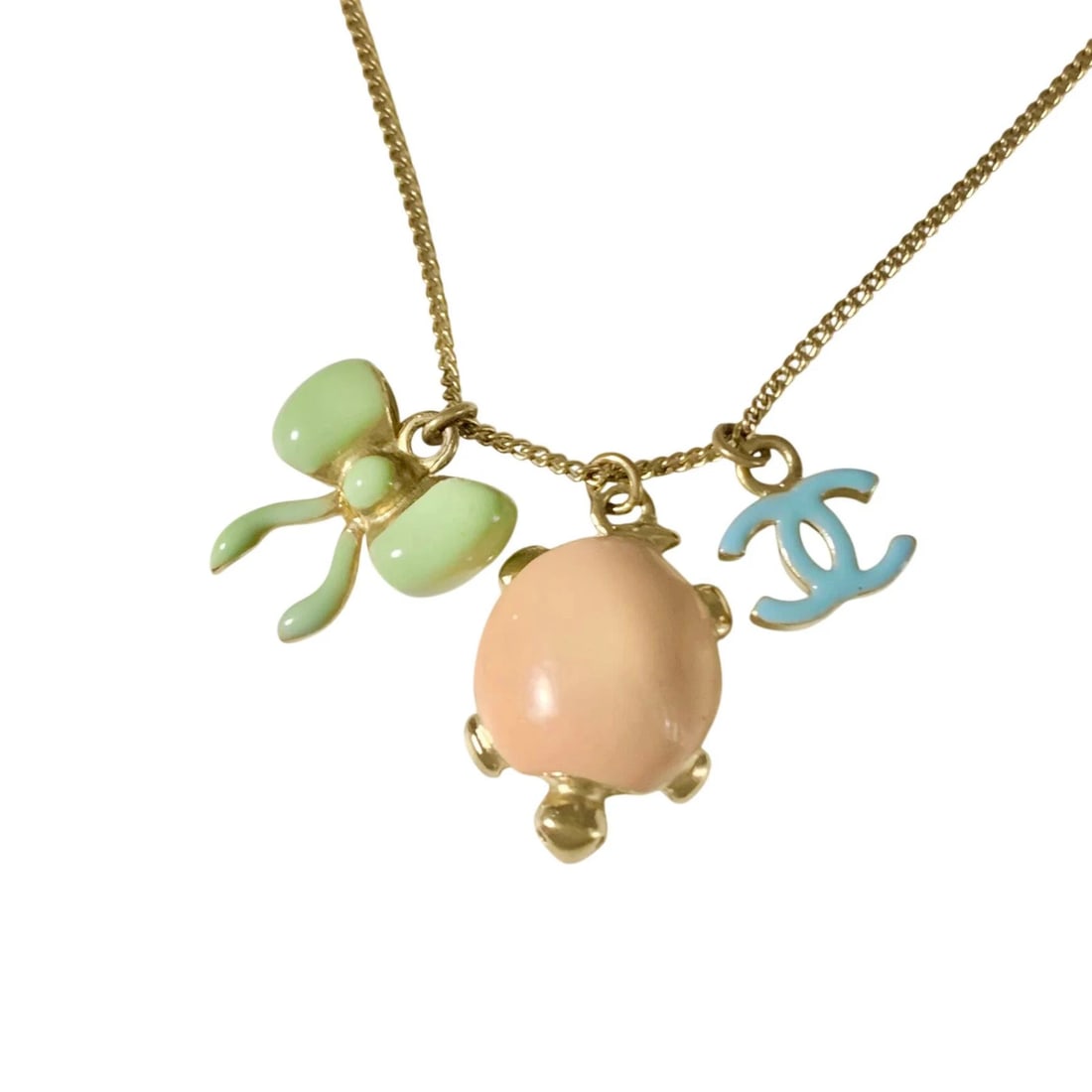 CHANEL NECKLACECOCO MARK RIBBON GOLD: Chanel NecklaceCoco Mark Ribbon Gold Brand: CHANEL Type/Style: Necklace Material: Gold plating Color: Gold, Green, Blue, Beige Size: Chain length: approximately 16.9 inches Accessories: None <