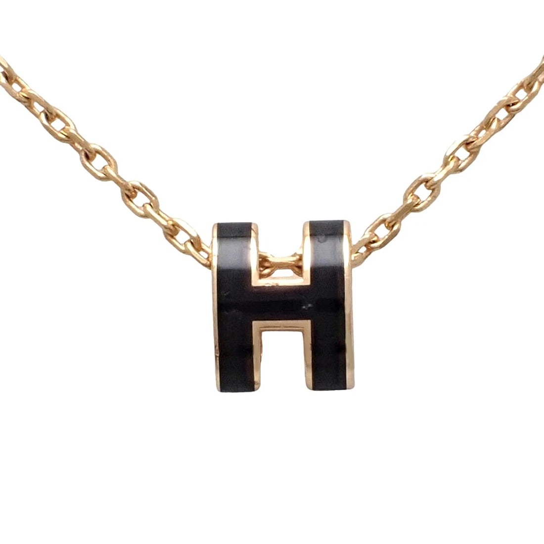 HERMES MINI POP ASH H NECKLACE METAL GP PENDANT: Hermes Mini Pop Ash H Necklace Metal GP Pendant Brand: Hermes Type/Style: Necklace Material: Metal (GP) Color: Pink Gold, Black Size: Top length 0.8cm, Top width 0.7cm, Chain length 15.4 inches Ac