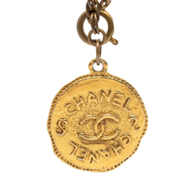 CHANEL COCO MARK COIN PENDANT CHAIN NECKLACE: CHANEL Coco Mark Coin Pendant Chain Necklace Brand: CHANEL Type/Style: Necklace Material: no e Color: Gold Size: Total length approximately 47.5 inches, Pendant W approximately 1.3 inches x H approxim