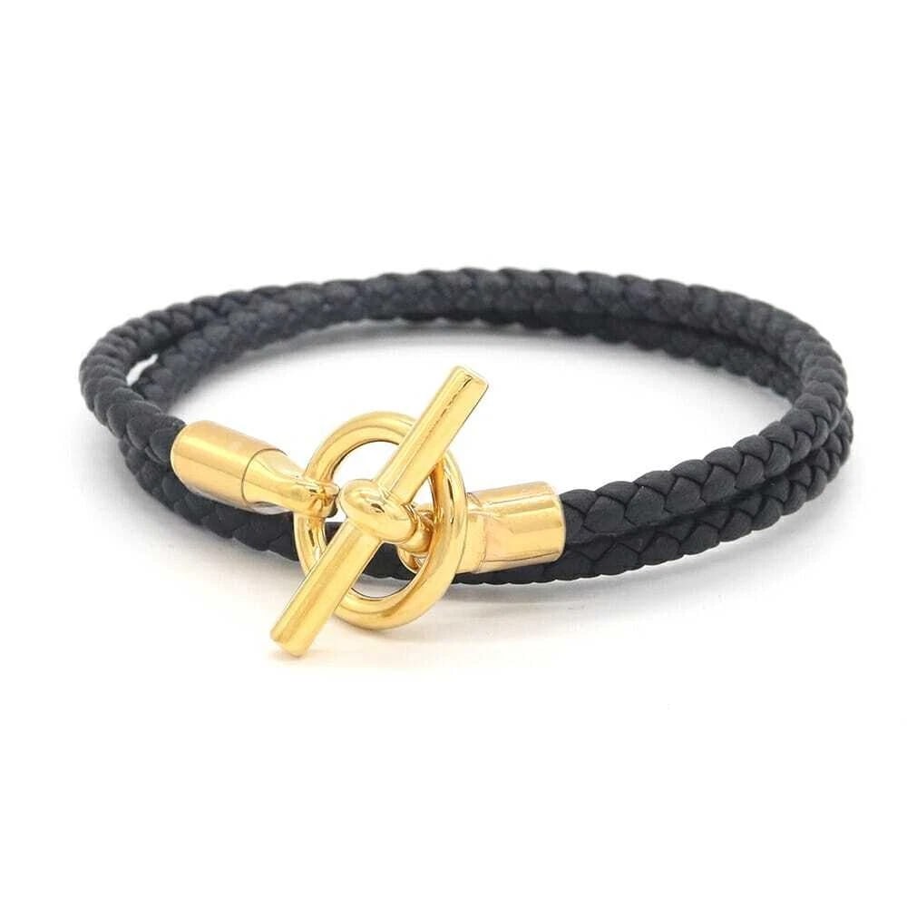 HERMES GRENNAN DOUBLE TOUR BRACELET BLACK GOLD LEATHER (1 of 3)
