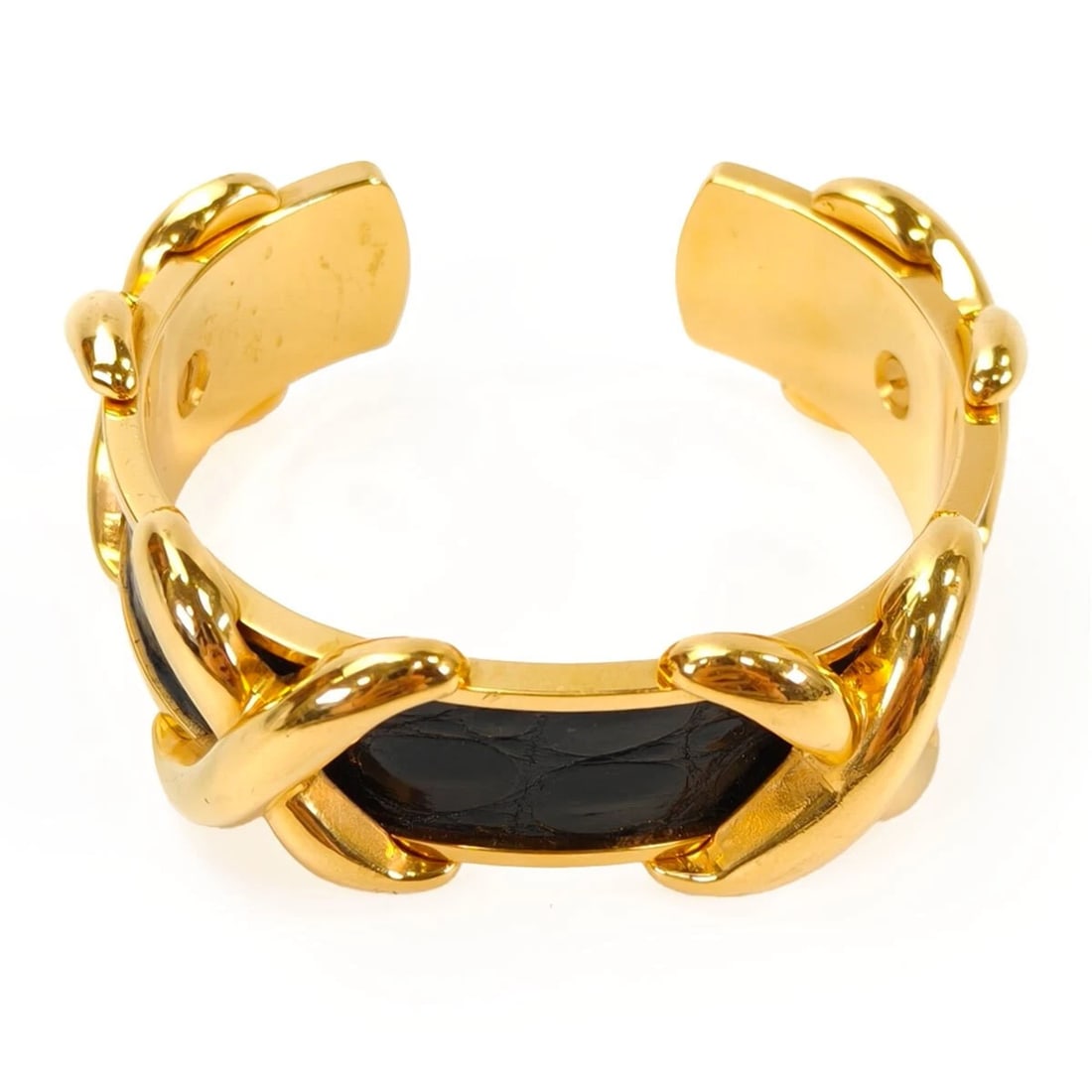 HERMES CROSS BANGLE BRACELET GOLD & BLACK: Hermes Cross Bangle Bracelet Gold & Black Brand: Hermes Type/Style: Bracelet Material: GP Leather Color: Gold,Black Size: 6 inch Accessories: None Accessories Notice: When purchasing pre-o
