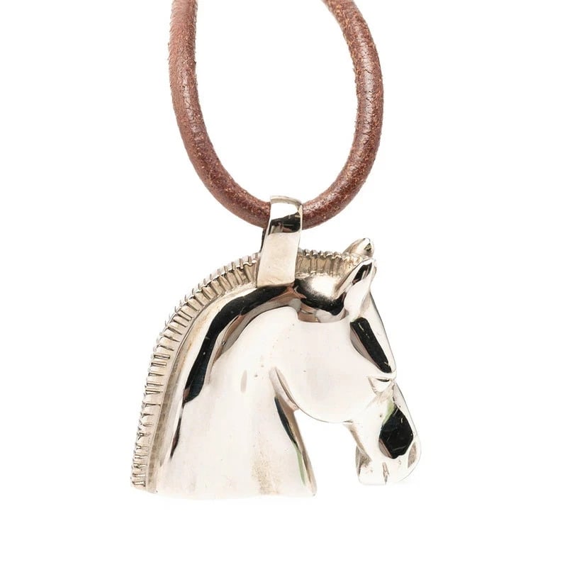 HERMES CHEVAL HORSE NECKLACE SILVER BROWN LEATHER: Hermes Cheval Horse Necklace Silver Brown Leather Brand: Hermes Type/Style: NA Material: Metal Leather Color: Silver,Brown Size: Total length approximately 24.4 inches Accessories: None Ac
