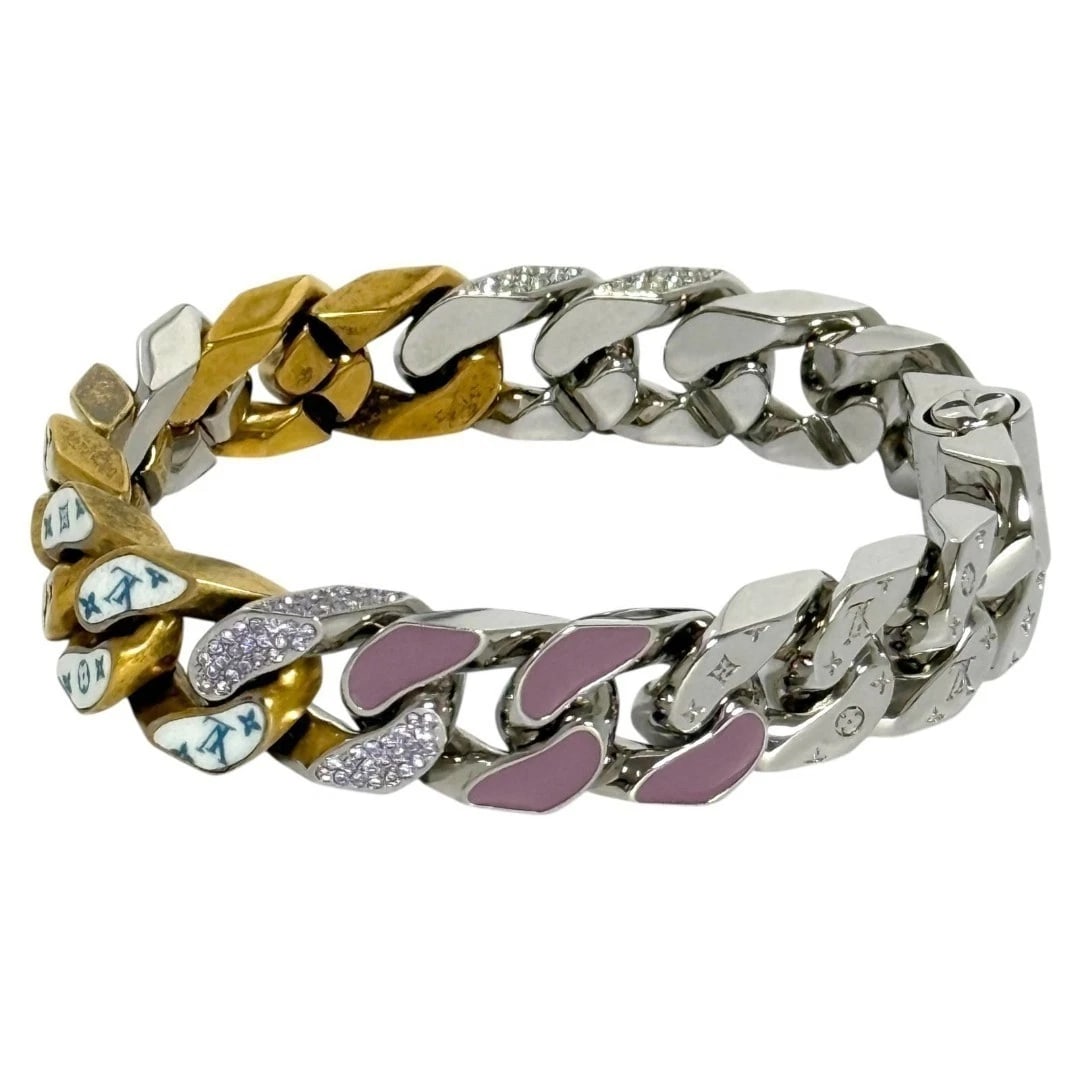 LOUIS VUITTON MEN'S BRACELET SOAPY CHAIN METAL: Louis Vuitton Men's Bracelet Soapy Chain Metal Brand: Louis Vuitton Type/Style: Bracelet Material: Metal Line Stone Color: none Size: Inner circumference 7.5 in, Width 0.5 in Accessories: None