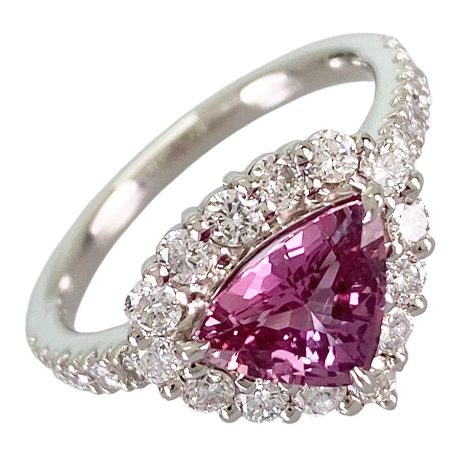 RING PLATINUM PINK SAPPHIRE DIAMOND: Ring Platinum Pink Sapphire Diamond Brand: Unsigned Jewelry Type/Style: Ring Material: Platinum 900, Main Stone Sapphire Color: Silver Size: 5.5 US Accessories: None Accessories Notice: When
