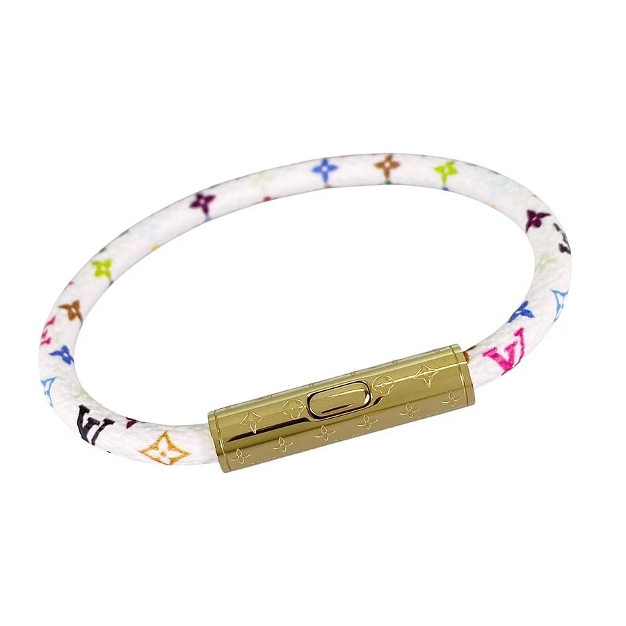 LOUIS VUITTON MULTI COLORED LV CONFIDENTIAL PVC BRACELET: LOUIS VUITTON Multi Colored LV Confidential PVC Bracelet Brand: LOUIS VUITTON Type/Style: Bracelet Material: PVC Gold Plated Color: White Size: Wrist Size:16.5cm Accessories: None Accessor