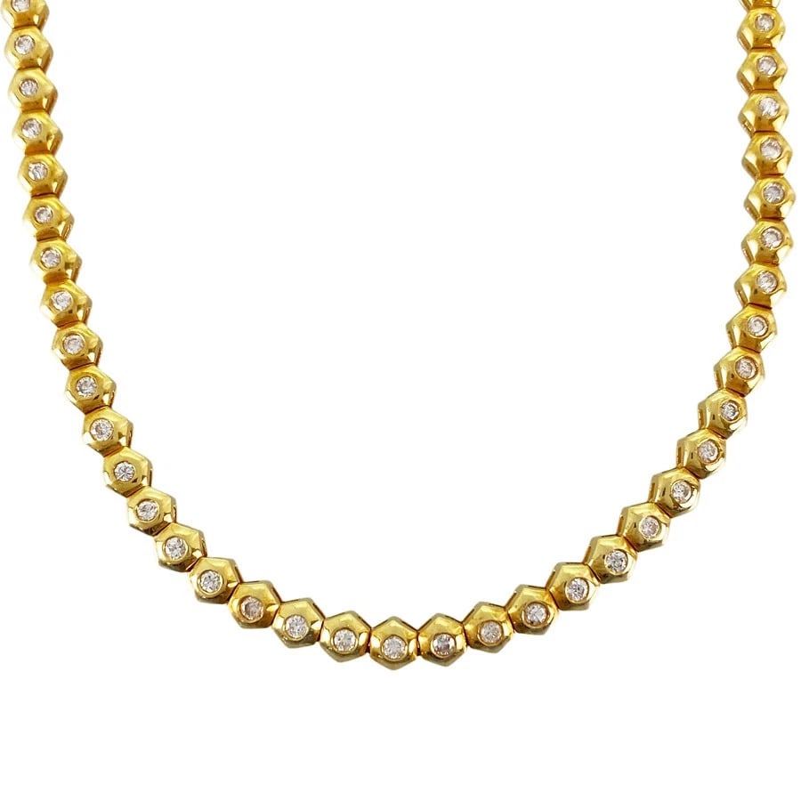 TENNIS NECKLACE YELLOW GOLD DIAMOND: Tennis necklace Yellow gold Diamond Brand: Unsigned Jewelry Type/Style: Tennis necklace Material: 18K Yellow Gold, Main Stone Natural Color: Gold Size: Necklace full length:39cm Accessories: None
