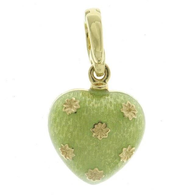 FABERGE LIGHT GREEN ENAMEL 18K YELLOW GOLD HEART PENDANT NECKLACE: Faberge Light Green Enamel 18k Yellow Gold Heart Pendant Necklace Brand: Faberge Type/Style: Pendant Material: 18k Yellow Gold Enamel Color: Yellow Size: Approx. W13.6 mm ? H25.1 mm (including bail) ?