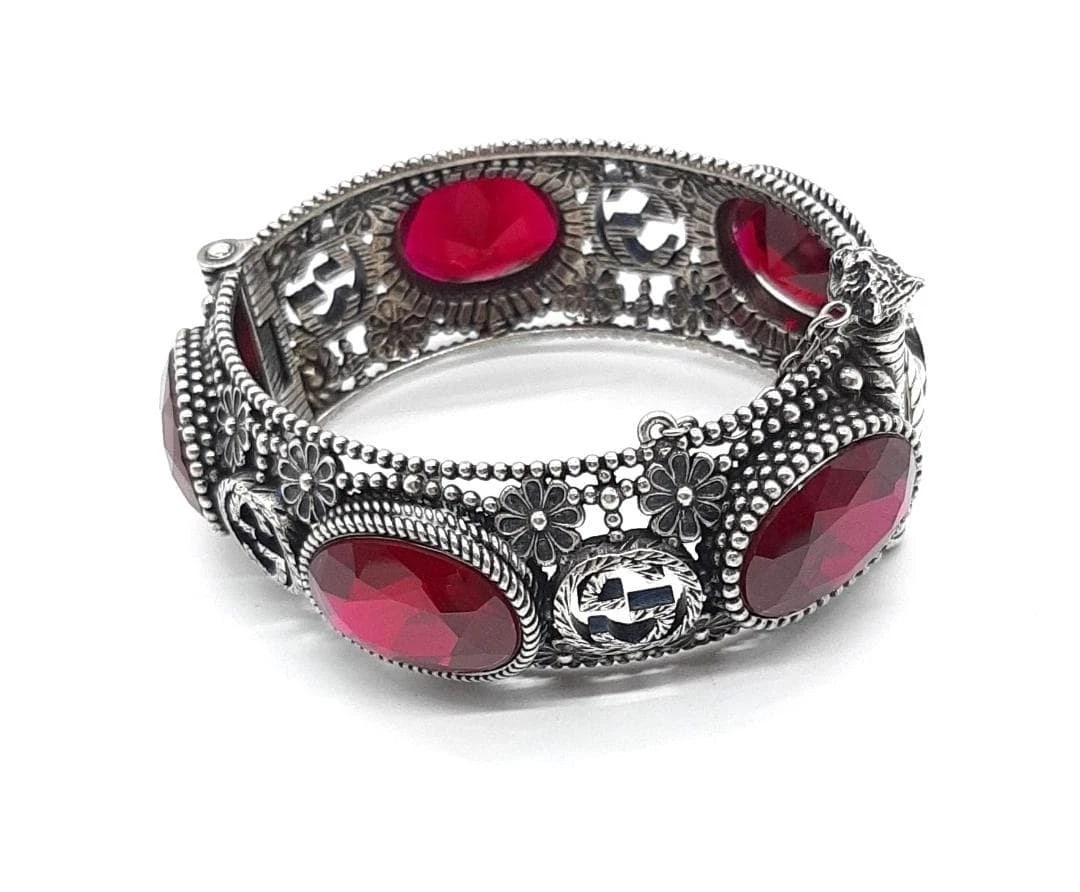 GUCCI INTERLOCKING G RED STONE STERLING SILVER BRACELET (1 of 7)