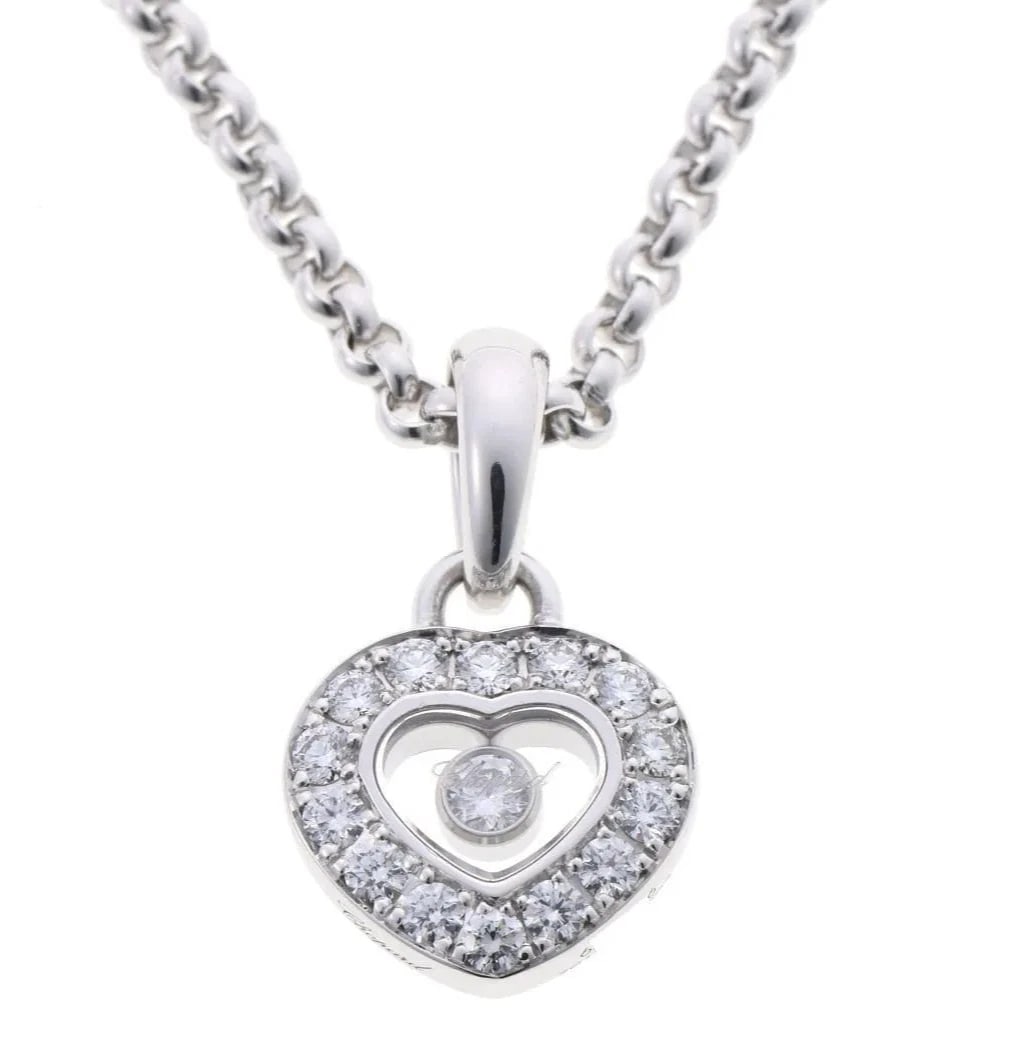 CHOPARD HAPPY DIAMONDS HEART 18K WHITE GOLD CHAIN NECKLACE PENDANT: Chopard Happy Diamonds Heart 18k White Gold Chain Necklace Pendant Brand: Chopard Type/Style: Necklace Material: 18k White Gold, Main Stone Natural Color: White Size: Motif Width: Approx. 10.5 mm / 0.