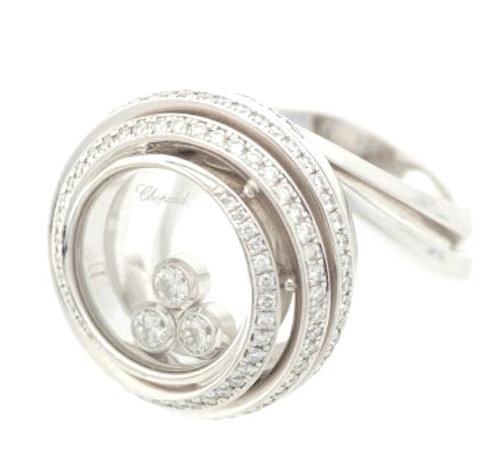 CHOPARD HAPPY DIAMONDS EMOTION 18K WHITE GOLD RING: Chopard Happy Diamonds Emotion 18k White Gold Ring Brand: Chopard Type/Style: Ring Material: 18k White Gold, Main Stone Natural Color: White Size: US6.75 Accessories: None Accessories Noti