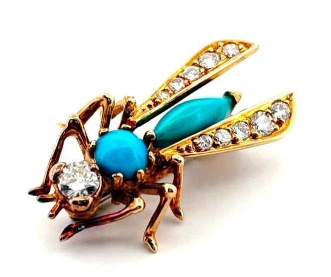 PIAGET DIAMOND TURQUOISE 18K YELLOW GOLD INSECT BEE PIN BROOCH (1 of 3)