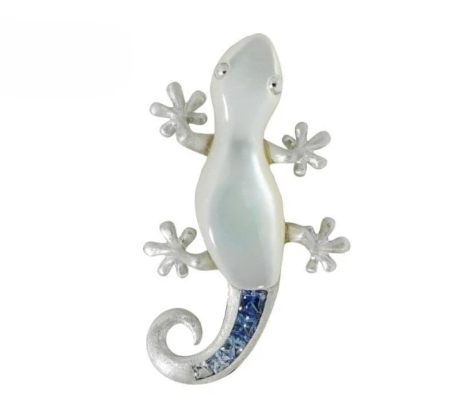 JEUNET GUARDIAN BLUE SAPPHIRE SHELL 18K WHITE GOLD PIN BROOCH: Jeunet Guardian Blue Sapphire Shell 18k White Gold Pin Brooch Brand: Jeunet Type/Style: Brooch Material: 18k White Gold Non Precious Metal Catch Color: Multi Size: Approx H 1.3 x W 0.7 in / H 31.8 x W