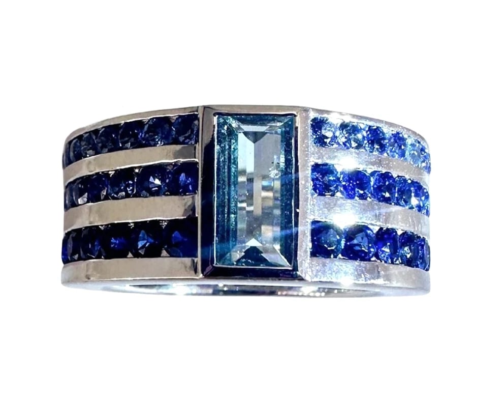 ASPREY AQUAMARINE SAPPHIRE 18K WHITE GOLD WIDE BAND RING: Asprey Aquamarine Sapphire 18k White Gold Wide Band Ring Brand: Asprey Type/Style: Ring Material: 18k white gold, Main Stone Natural Color: White Size: US6.5 Accessories: None Accessories