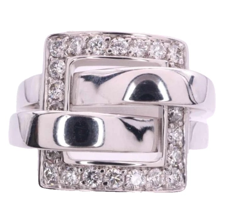 BOUCHERON DECHAINEE DIAMOND 18K WHITE GOLD SQUARE RING: Boucheron Dechainee Diamond 18k White Gold Square Ring Brand: Boucheron Type/Style: Ring Material: 18k White Gold, Main Stone Natural Color: White Size: US 6 Accessories: None Accessories