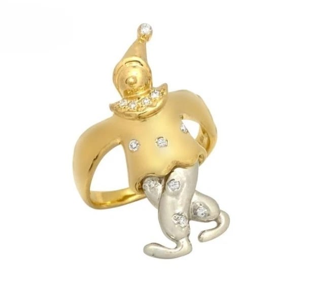 18K YELLOW GOLD PLATINUM 900 DIAMOND DANCING CLOWN PIERROT RING: 18k Yellow Gold Platinum 900 Diamond Dancing Clown Pierrot Ring Brand: Unbranded Type/Style: Ring Material: 18k Yellow Gold Platinum 900, Main Stone Natural Color: Yellow, White Size: US8.5 Access