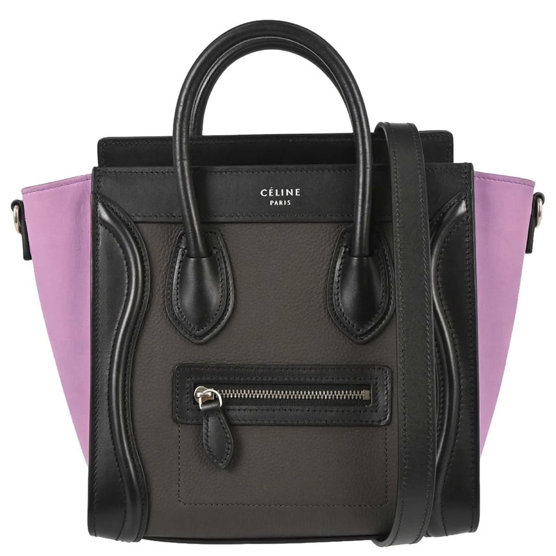 CELINE BROWN LEATHER NANO LUGGAGE 2WAY TOTE HANDBAG: Celine Brown Leather Nano Luggage 2way Tote Handbag Brand: CELINE Type/Style: Top Handle Bag Material: Leather Color: Brown, Black, Purple Size: W 7.9 x H 7.5 x D 3.9 " Accessories: None A