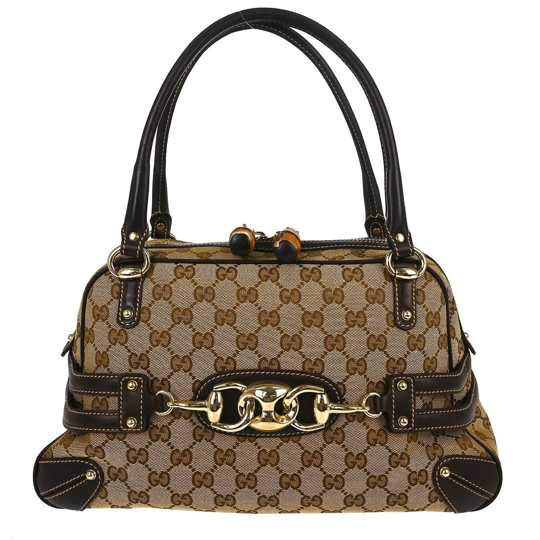 GUCCI BROWN BEIGE BAMBOO GG TOTE BAG: Gucci Brown Beige Bamboo GG Tote Bag Brand: Gucci Type/Style: Tote Material: Canvas, Leather, Bamboo Color: Brown, Beige Size: W 13.8 x H 7.5 x D 5.1 " Accessories: None Accessories Notice