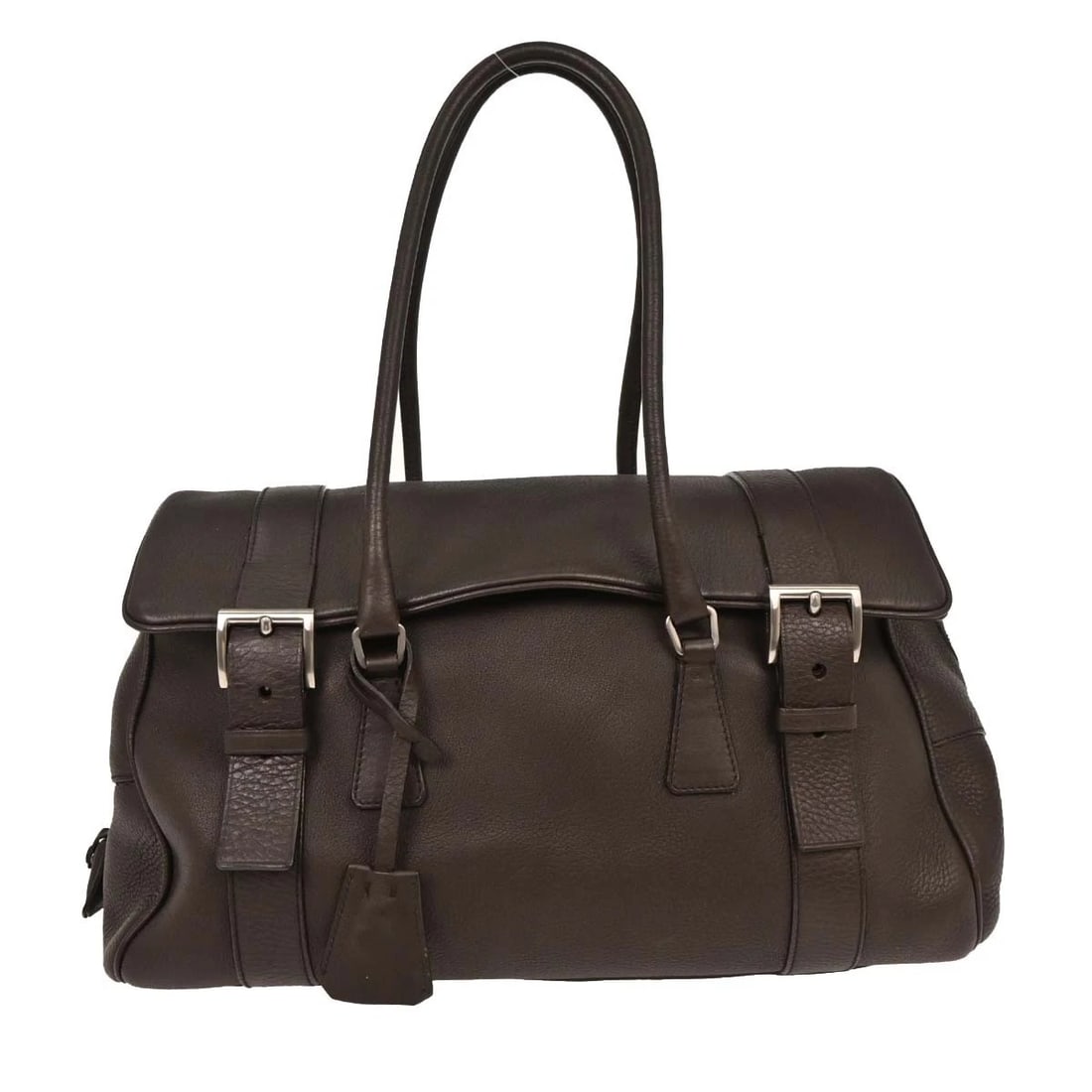 PRADA DARK BROWN LEATHER HANDBAG: Prada Dark Brown Leather Handbag Brand: PRADA Type/Style: Top Handle Bag Material: Leather Color: Dark Brown Size: W 14.6 x H 8.3 x D 7.9 " Accessories: None Accessories Notice: When purch
