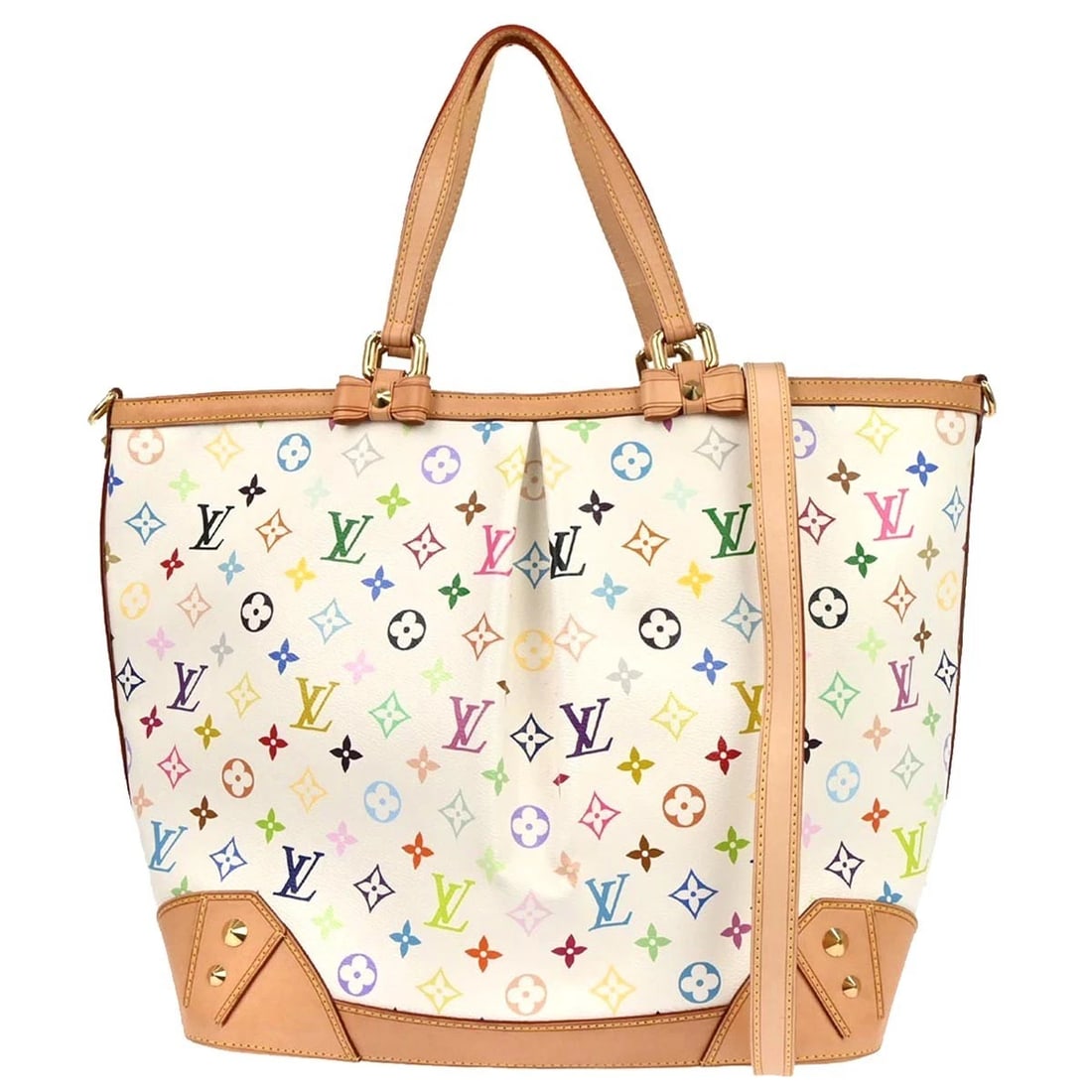 LOUIS VUITTON WHITE MONOGRAM SHARLEEN GM 2WAY TOTE HANDBAG: Louis Vuitton White Monogram Sharleen GM 2way Tote Handbag Brand: Louis Vuitton Type/Style: Hand Bag Material: Monogram Multicolor Canvas, Leather Color: Blanc * White Size: W 13.0 x H 12.8 x D 6.3 " 