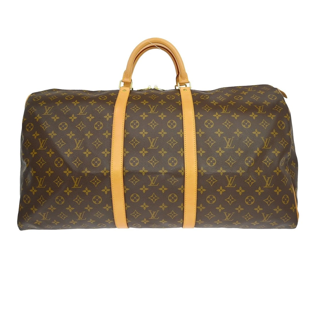 LOUIS VUITTON KEEPALL 60 TRAVEL HANDBAG: LOUIS VUITTON KEEPALL 60 TRAVEL HANDBAG Brand: Louis Vuitton Type/Style: Duffle Material: Monogram Canvas, Leather Color: Brown Size: W 23.6 x H 12.2 x D 10.0 " Accessories: None Accessori