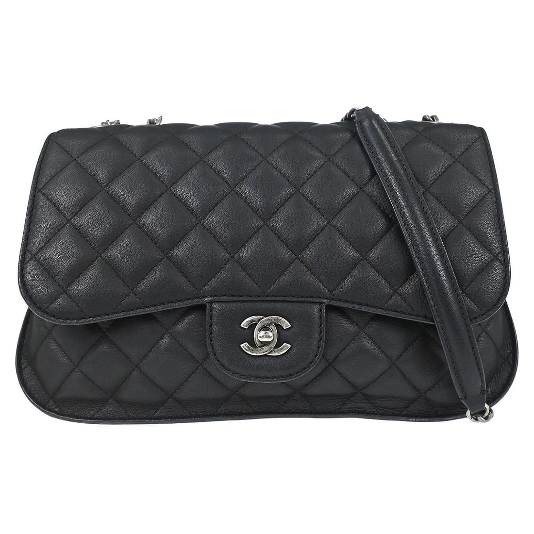 CHANEL BLACK CALFSKIN JUMBO DOUBLE FLAP SHOULDER BAG: Chanel Black Calfskin Jumbo Double Flap Shoulder Bag Brand: CHANEL Type/Style: Shoulder Bag Material: Calfskin Color: Black Size: W 11.8 x H 7.9 x D 3.5 " Accessories: None Accessories Not