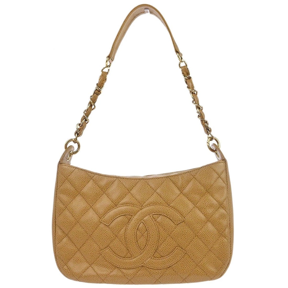 CHANEL BEIGE CALFSKIN HOBO HANDBAG: Chanel Beige Calfskin Hobo Handbag Brand: CHANEL Type/Style: Hobo Bag Material: Caviar Skin Leather Color: Beige Size: W 10.6 x H 6.7 x D 3.1 " Accessories: None Accessories Notice: When p