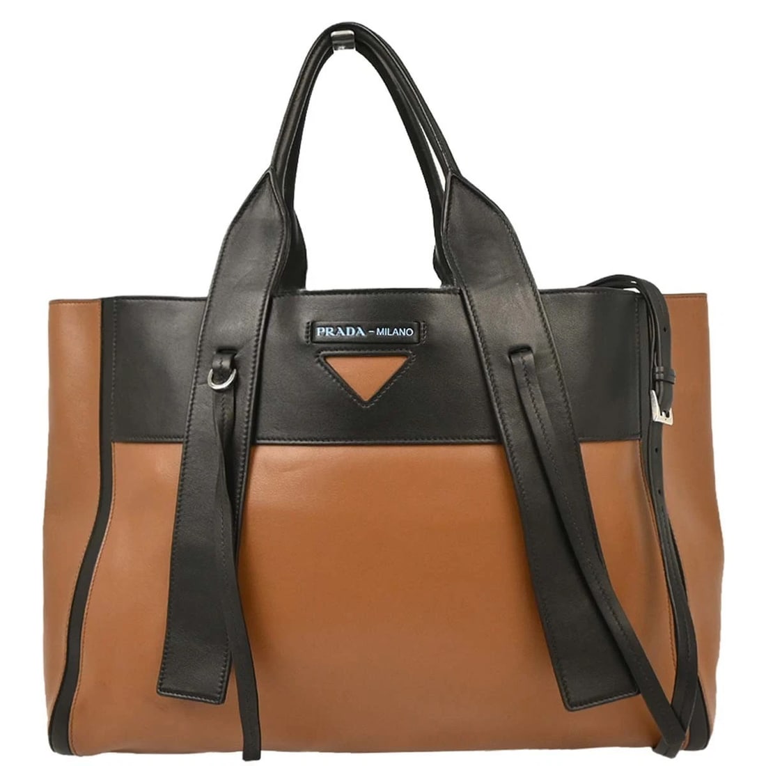 PRADA BROWN LEATHER 2WAY TOTE HANDBAG: Prada Brown Leather 2way Tote Handbag Brand: PRADA Type/Style: Top Handle Bag Material: Leather Color: Brown, Black Size: W 16.1 x H 11.4 x D 4.3 " Accessories: None Accessories Notice: Wh