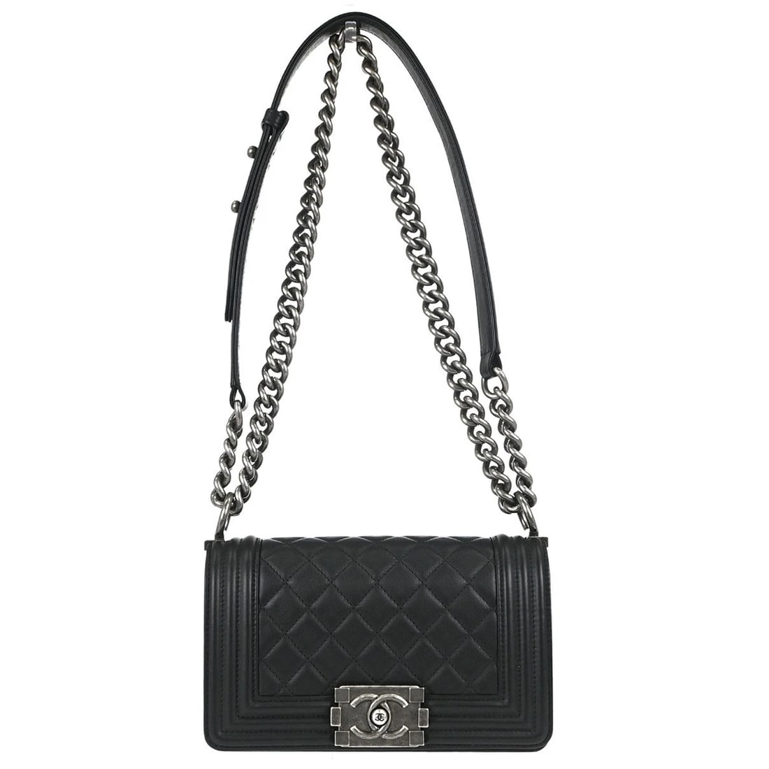 BOY CHANEL BLACK LAMBSKIN SMALL CHAIN SHOULDER BAG: Boy Chanel Black Lambskin Small Chain Shoulder Bag Brand: CHANEL Type/Style: Shoulder Bag Material: Lambskin Color: Black Size: W 7.9 x H 5.1 x D 2.8 " Accessories: None Accessories Notice