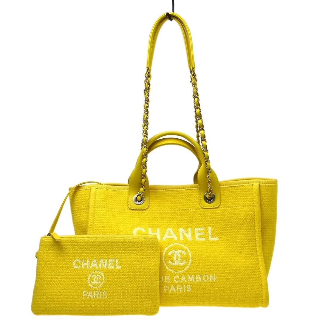 CHANEL YELLOW CANVAS SMALL DEAUVILLE 2WAY TOTE BAG: Chanel Yellow Canvas Small Deauville 2way Tote Bag Brand: CHANEL Type/Style: Tote Material: Canvas, Leather Color: Yellow Size: W 13.0 x H 9.1 x D 5.9 " Accessories: None Accessories Notic