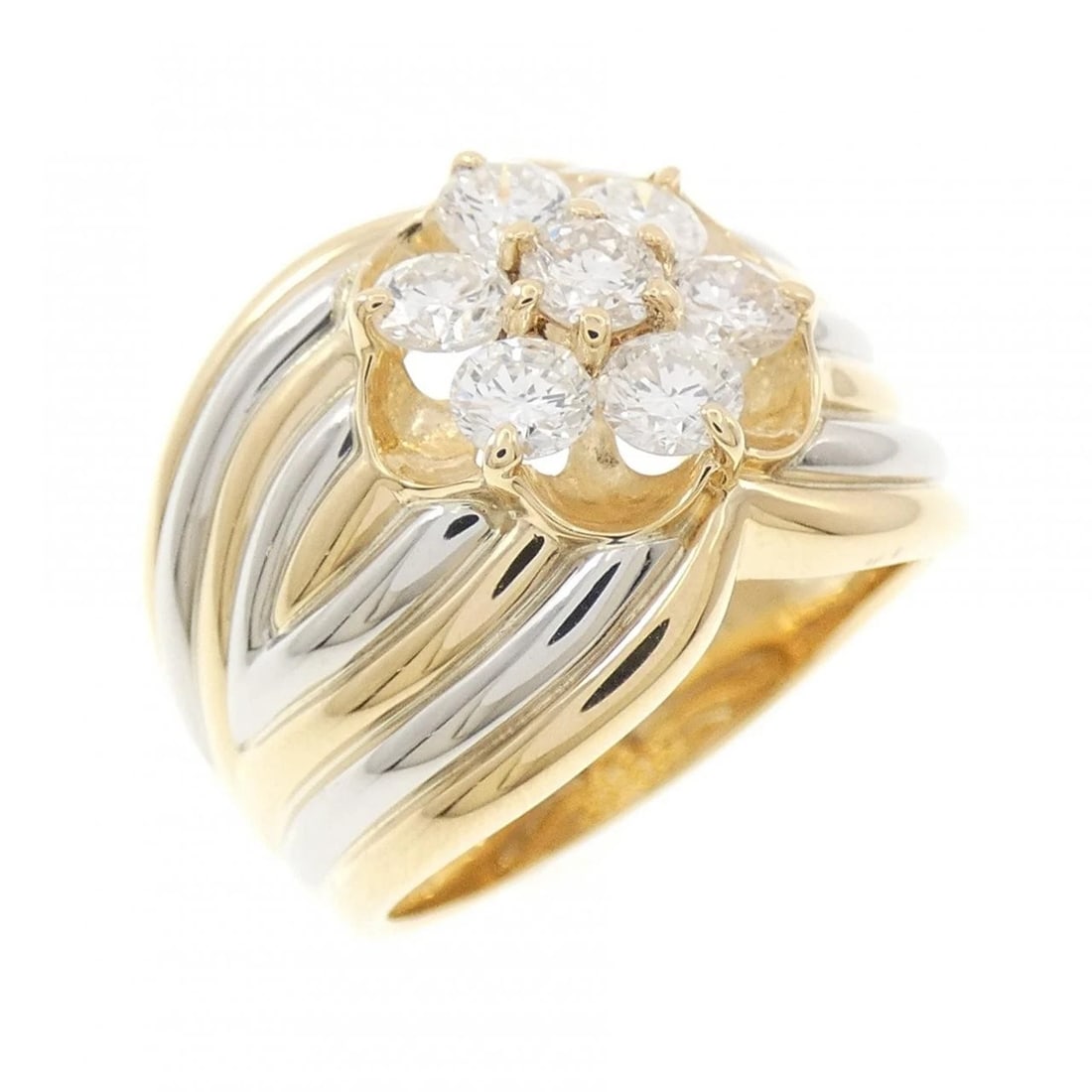 K18YG/PT FLOWER DIAMOND RING: K18YG/PT Flower Diamond Ring Brand: Unbranded Type/Style: Diamond Ring Material: K18YG/PT, Main Stone/Creation Natural Color: YG,silver Size: US 5 3/4 Accessories: None Accessories Notice: When