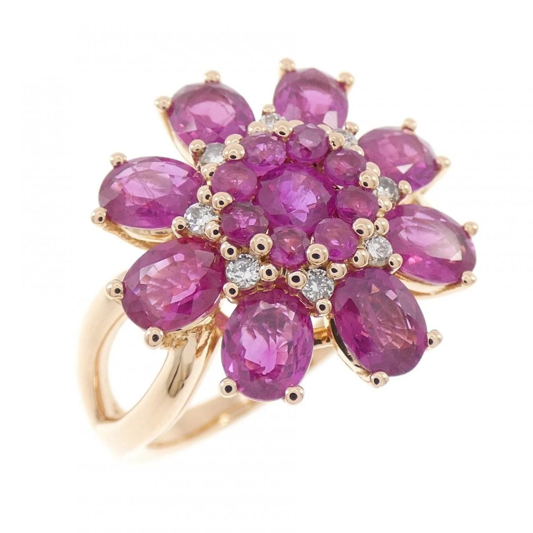 K18PG FLOWER RUBY RING: K18PG Flower Ruby Ring Brand: Unbranded Type/Style: Ruby Ring Material: 18k Pink Gold, Main Stone/Creation RubySecondary Stone Diamond Color: Pink Gold Size: US 6 1/4 Accessories: None Acc