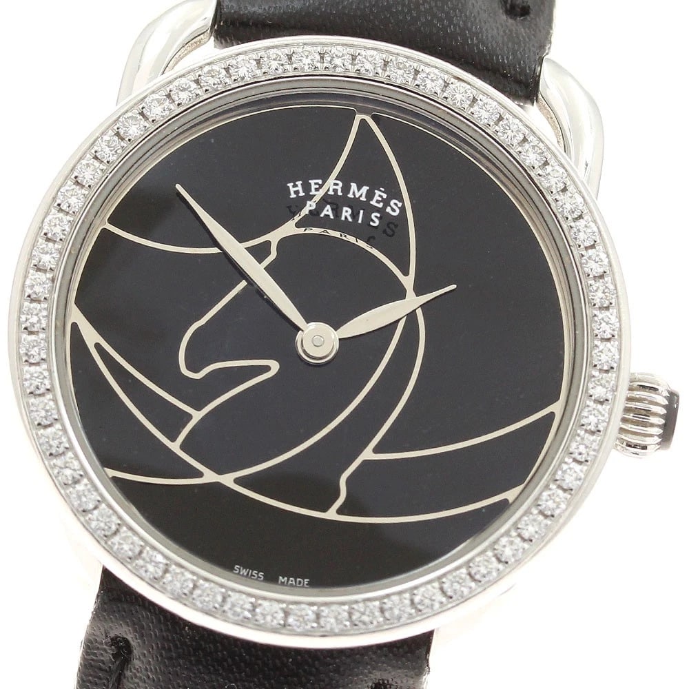 HERMES ARCEAU CAZAC DIAMOND BEZEL BLACK DIAL QUARTZ WATCH: HERMES Arceau Cazac Diamond Bezel black Dial Quartz Watch Brand: HERMES Type/Style: Wristwatch Material: Band Material leather, Case Material Stainless Steel Color: Dial Color black Size: Case Size Ab