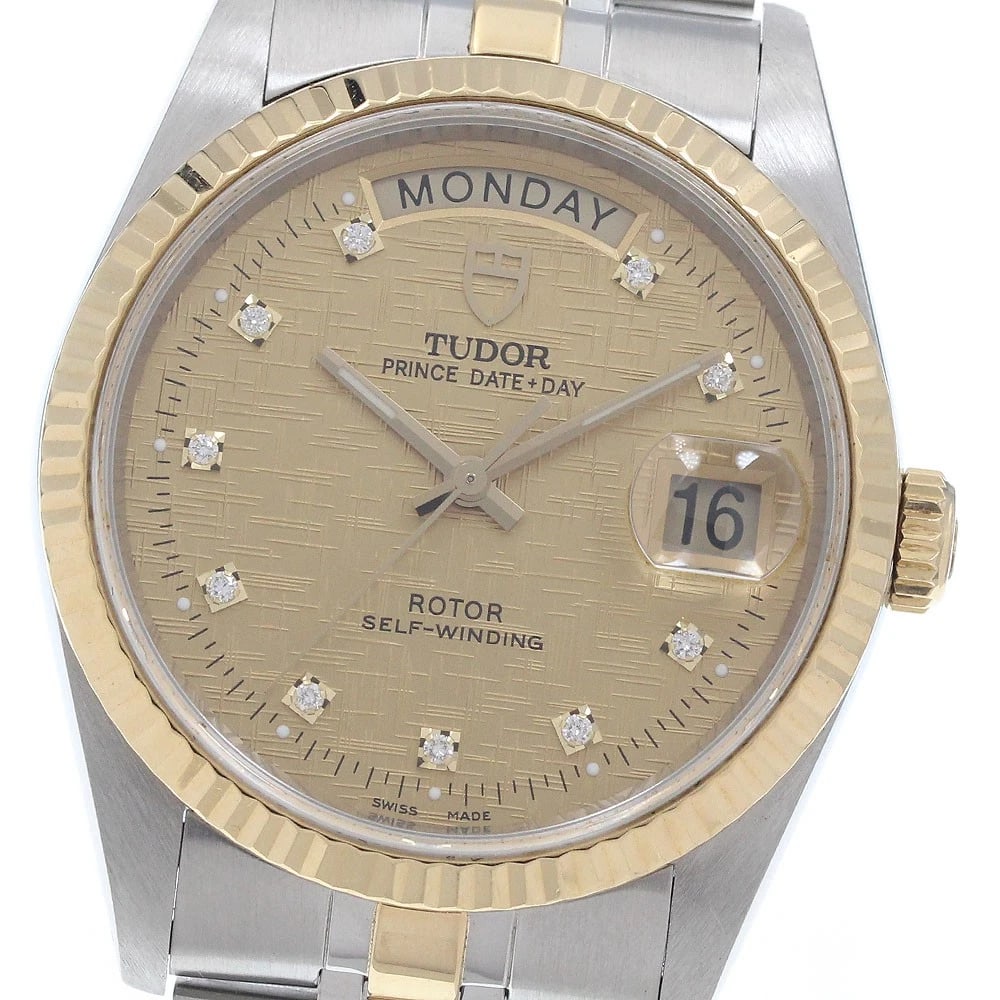 TUDOR PRINCE DATE DAY DIAMOND YG BEZEL GOLD DIAL AT WATCH: TUDOR Prince Date Day diamond YG bezel gold Dial AT Watch Brand: TUDOR Type/Style: Wristwatch Material: Band Material Stainless Steel/YG, Case Material Stainless Steel/YG Color: Dial Color gold Size: 