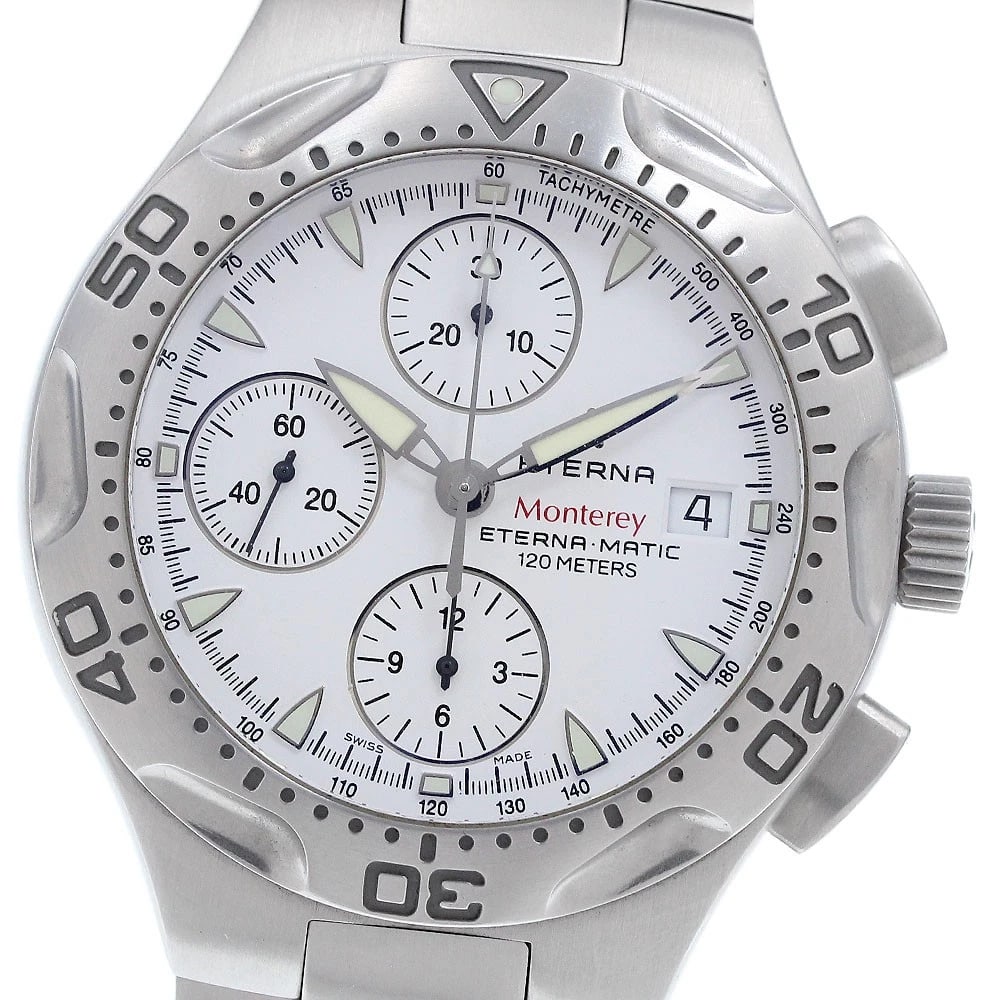 ETERNA ETERNAMATIC MONTEREY CHRONOGRAPH AUTOMATIC WATCH: Eterna Eternamatic Monterey Chronograph Automatic Watch Brand: Eterna Type/Style: Wristwatch Material: Band Material Stainless Steel, Case Material Stainless Steel Color: Dial Color Silver Size: Case 