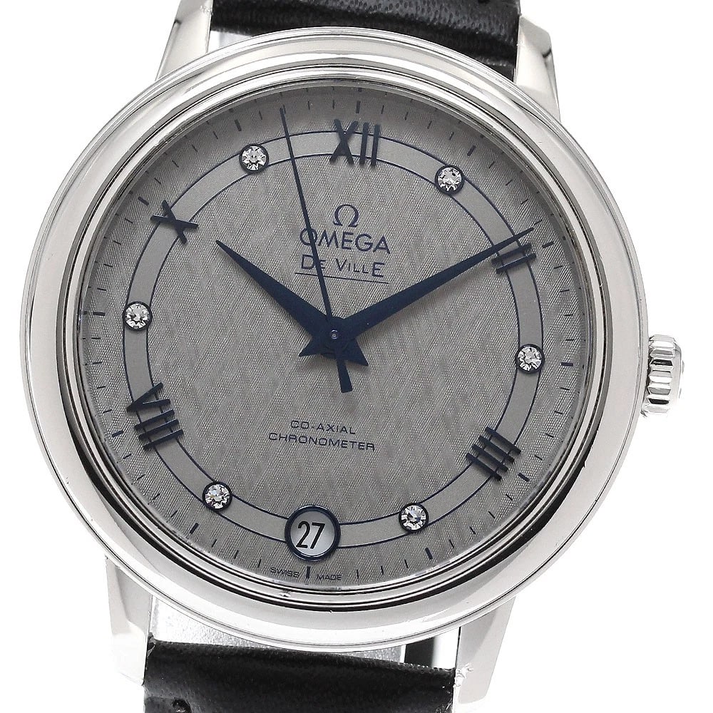 OMEGA DE VILLE PRESTIGE DIAMOND AUTOMATIC WATCH: OMEGA De Ville Prestige diamond Automatic Watch Brand: OMEGA Type/Style: Wristwatch Material: Band Material leather, Case Material Stainless Steel Color: Dial Color gray Size: Case Size About33mm