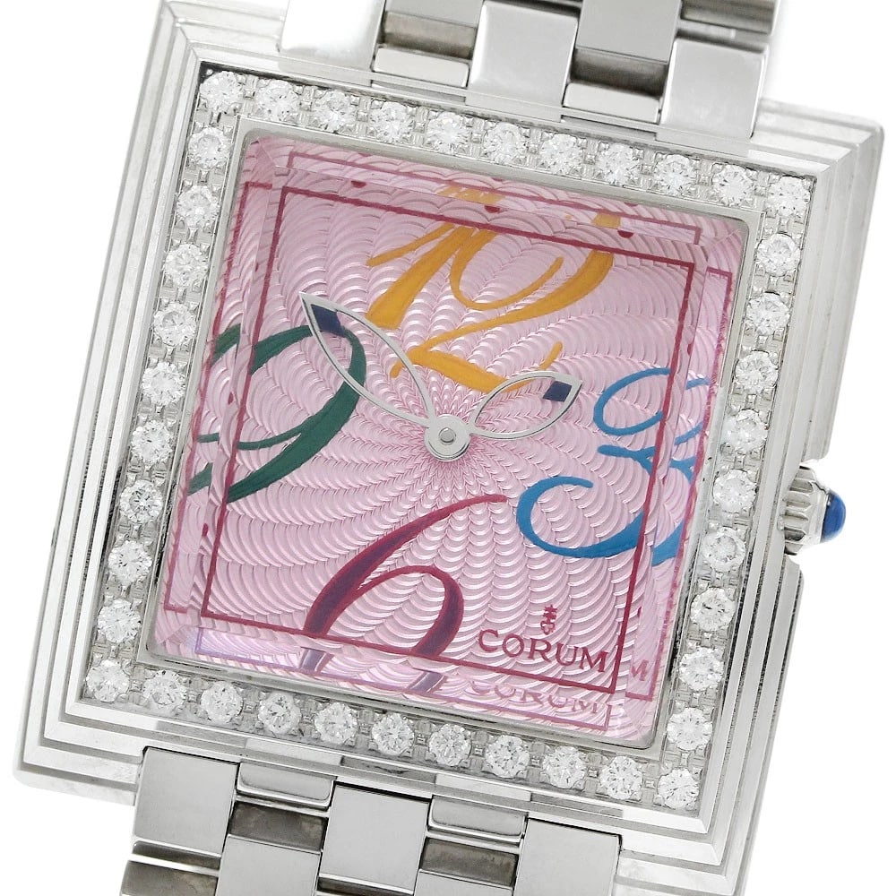 CORUM PYRAMID DIAMOND BEZEL PINK DIAL WATCH: CORUM pyramid Diamond Bezel pink Dial Watch Brand: CORUM Type/Style: Wristwatch Material: Band Material Stainless Steel, Case Material Stainless Steel Color: Dial Color pink Size: About 31mm (1.2inch)