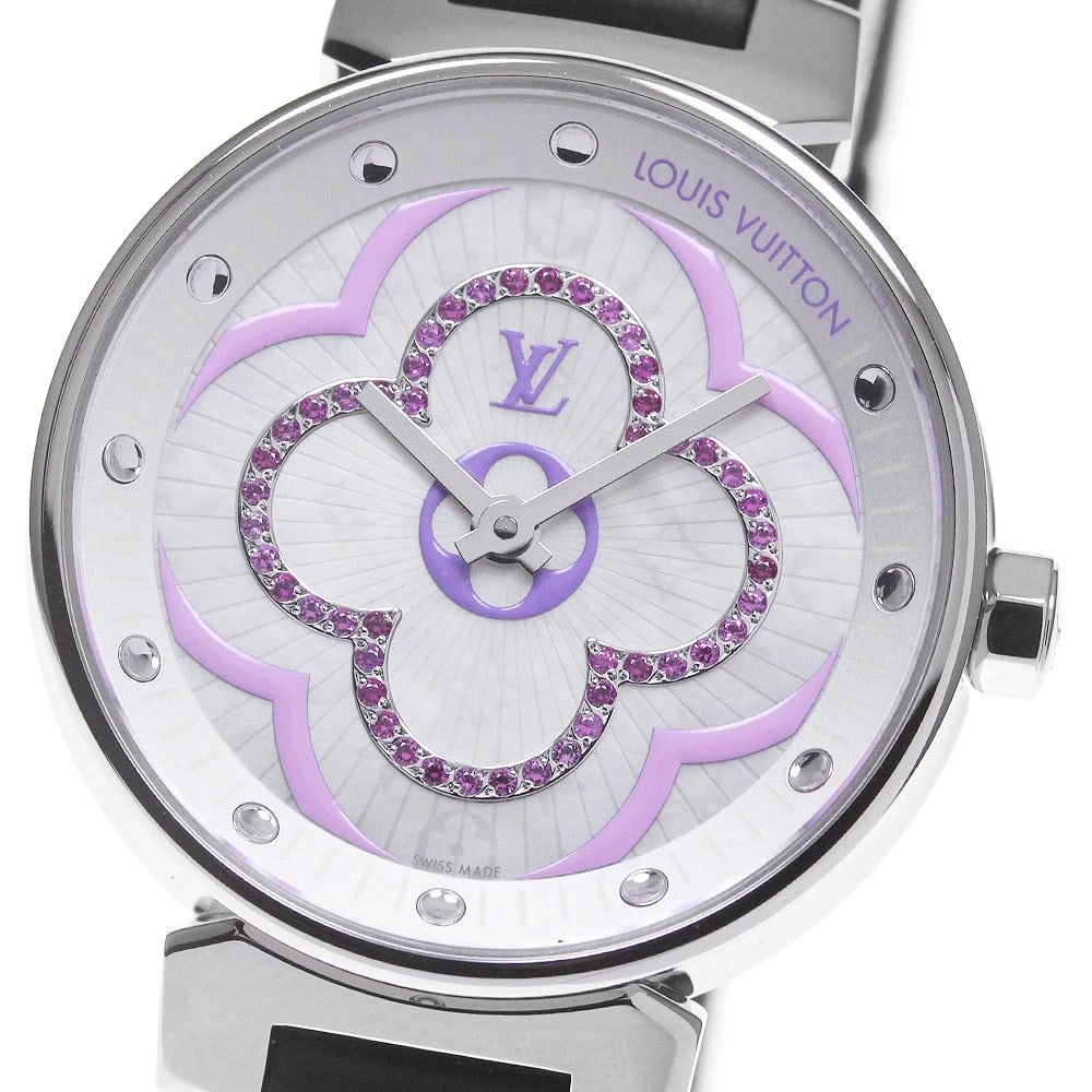 LOUIS VUITTON TAMBOUR MOON DIVINE PM LILA QUARTZ WATCH: LOUIS VUITTON Tambour Moon Divine PM Lila Quartz Watch Brand: LOUIS VUITTON Type/Style: Wristwatch Material: Band Material rubber, Case Material Stainless Steel Color: Dial Color Silver Size: Case