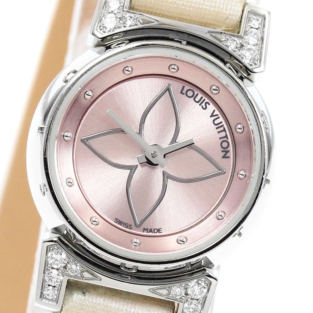 LOUIS VUITTON TAMBOUR VIJU RUG DIAMOND PINK DIAL QUARTZ WATCH: LOUIS VUITTON Tambour Viju Rug diamond pink Dial Quartz Watch Brand: LOUIS VUITTON Type/Style: Wristwatch Material: Band Material Nylon / leather, Case Material Stainless Steel Color: Dial Color pink 