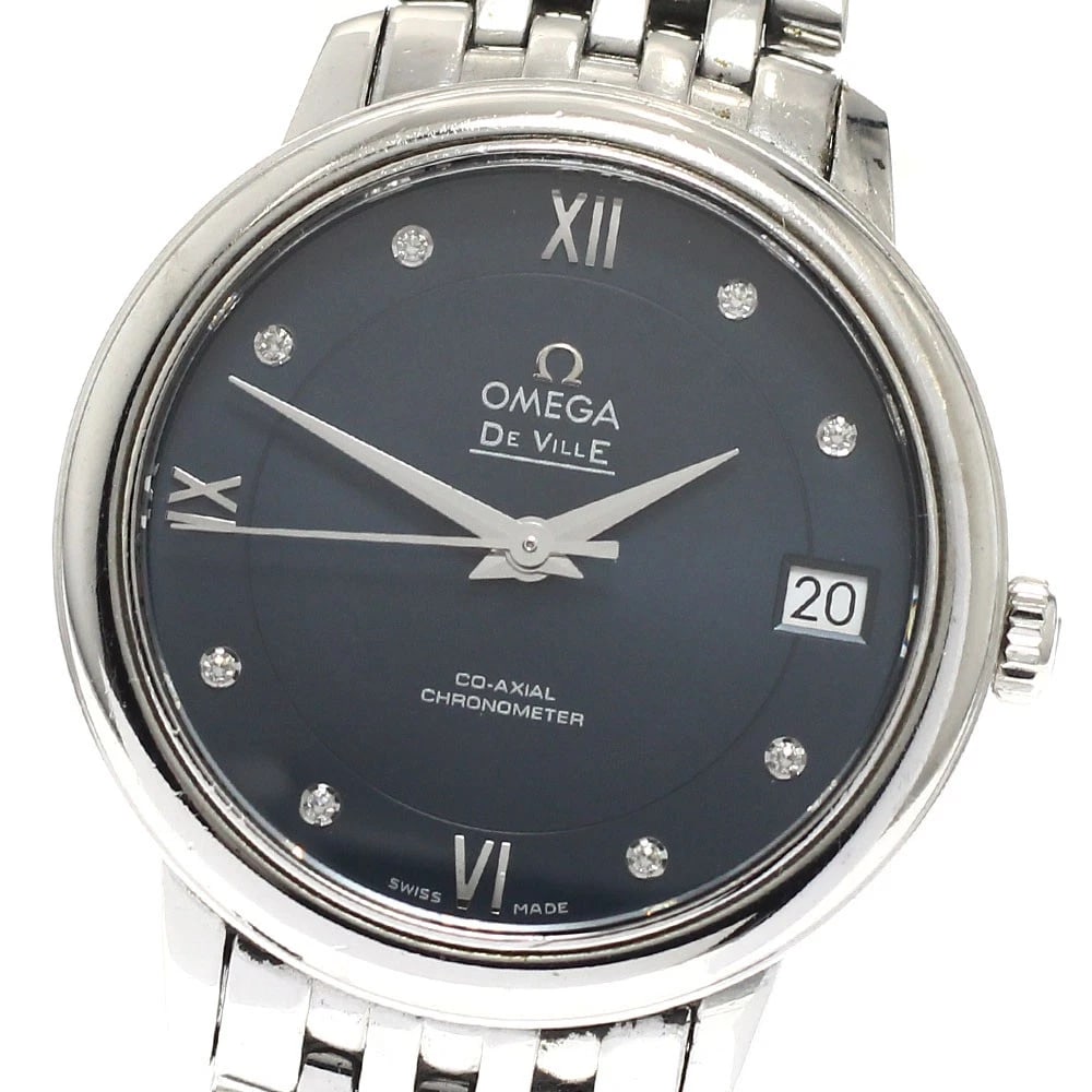 OMEGA DE VILLE PRESTIGE DIAMOND AUTOMATIC WATCH: OMEGA De Ville Prestige Diamond Automatic Watch Brand: OMEGA Type/Style: Wristwatch Material: Band Material Stainless Steel, Case Material Stainless Steel Color: Dial Color Navy Size: Case Size About3