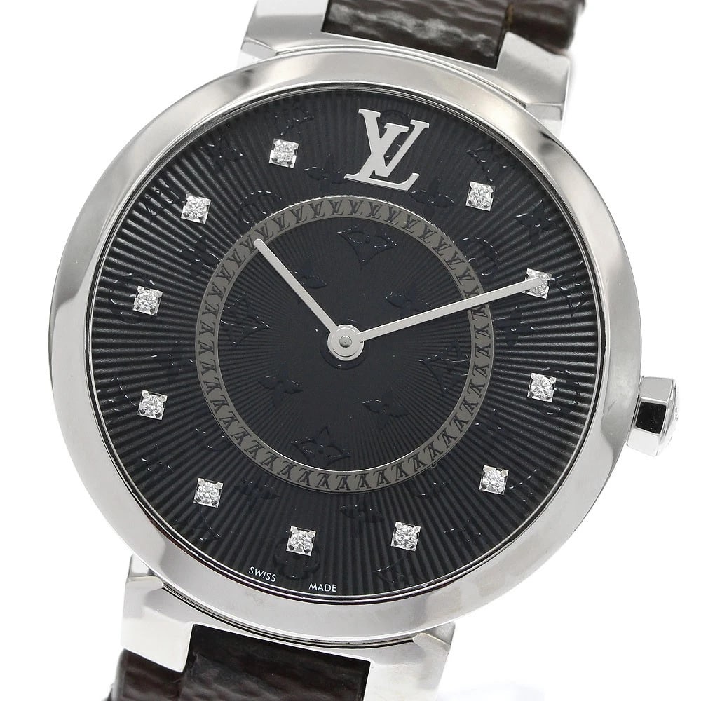 LOUIS VUITTON TAMBOUR SLIM MM DIAMOND BLACK DIAL QUARTZ WATCH: LOUIS VUITTON Tambour Slim MM diamond black Dial Quartz Watch Brand: LOUIS VUITTON Type/Style: Wristwatch Material: Band Material leather, Case Material Stainless Steel Color: Dial Color black Size: C