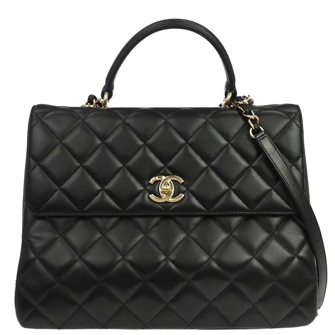 CHANEL BLACK LAMBSKIN TOP HANDLE 2WAY HANDBAG: Chanel Black Lambskin Top Handle 2way Handbag Brand: CHANEL Type/Style: Top Handle Bag Material: Lambskin Color: Black Size: W 12.6 x H 9.8 x D 5.5 " Accessories: None Accessories Notice: